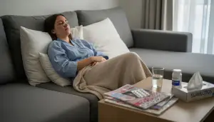 Mujer recuperándose en casa después de una operación de nariz