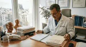 Un cirujano plástico revisa expedientes en la tranquilidad de su consulta.