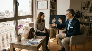 El cirujano plástico atiende a su paciente en una sala iluminada por la luz natural.