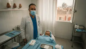 El cirujano y el paciente conversan antes de la operación de rinoplastia.
