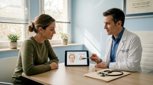 Cirujano plástico atendiendo a un paciente en su consulta