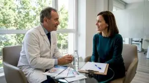 El cirujano y la paciente conversan sobre los detalles de una operación estética.