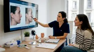 La doctora especialista en cirugía plástica atiende a una paciente para resolver sus dudas sobre una posible intervención estética.