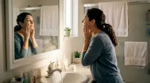 Una mujer adulta se pone crema en el rostro mientras está en el baño.