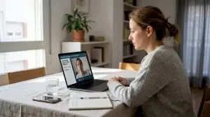 Mujer consultando al médico por videollamada desde el comedor de su casa