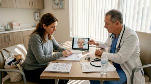 El paciente conversa y revisa información importante junto a su cirujano plástico.