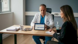 Médico especialista en cirugía plástica revisando la historia clínica de un paciente