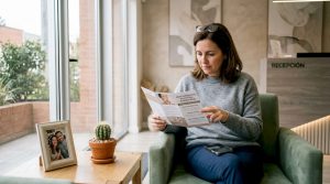 Una mujer evalúa diferentes tratamientos de belleza en una clínica estética, buscando la opción que mejor se adapte a sus necesidades.