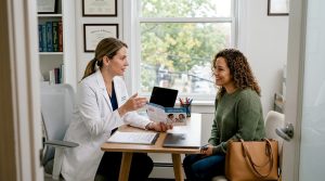 El médico conversa con el paciente en el consultorio, explicándole las distintas alternativas de tratamiento.