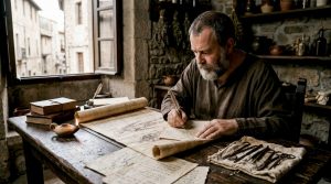 Un cirujano estudiando antiguos manuscritos en su despacho