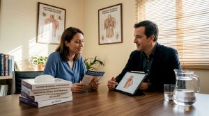 Consulta entre cirujano y paciente antes de una cirugía de mama