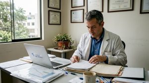El cirujano revisa la historia clínica de un paciente en su consultorio.