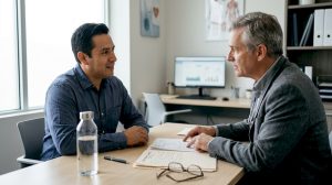 Consulta entre un paciente y su médico para tratar el tema de la ginecomastia.