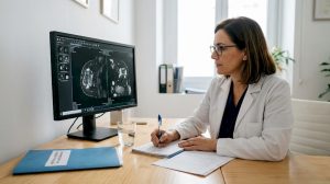 La doctora analiza las mamografías durante la consulta