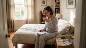 Mujer descansando y recuperándose tras una operación en una habitación luminosa.