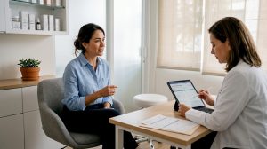 Un paciente conversa con su médico en el consultorio durante una consulta.