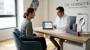 Consulta médica entre el paciente y el dermatólogo para evaluar opciones de tratamiento