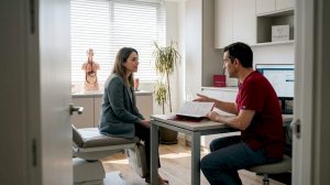 El médico conversa con el paciente sobre la posibilidad de realizar una abdominoplastia, resolviendo dudas y explicando el procedimiento.