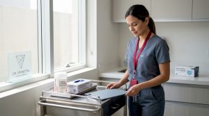 Enfermera realizando la preparación de la piel antes de un procedimiento médico