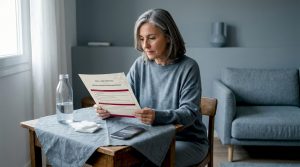 Mujer consultando las indicaciones médicas después de una cirugía en la comodidad de su hogar