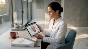 Un dermatólogo analiza los signos de envejecimiento facial en una tablet.