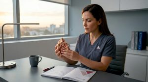 El médico examina un modelo de nariz durante una consulta en un consultorio moderno.
