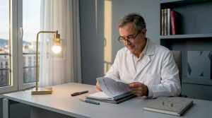 El médico revisa el historial clínico de un paciente tras una cirugía.