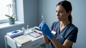 Especialista en estética preparando una jeringa para realizar un aumento de labios