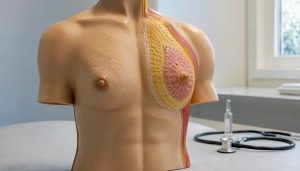 Maniquí masculino de torso que muestra tejido característico de ginecomastia